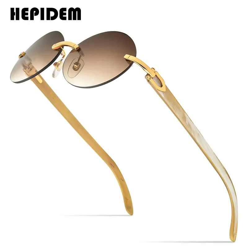 Hepidem Men's Rimless Round Titanium Horn Sunglasses