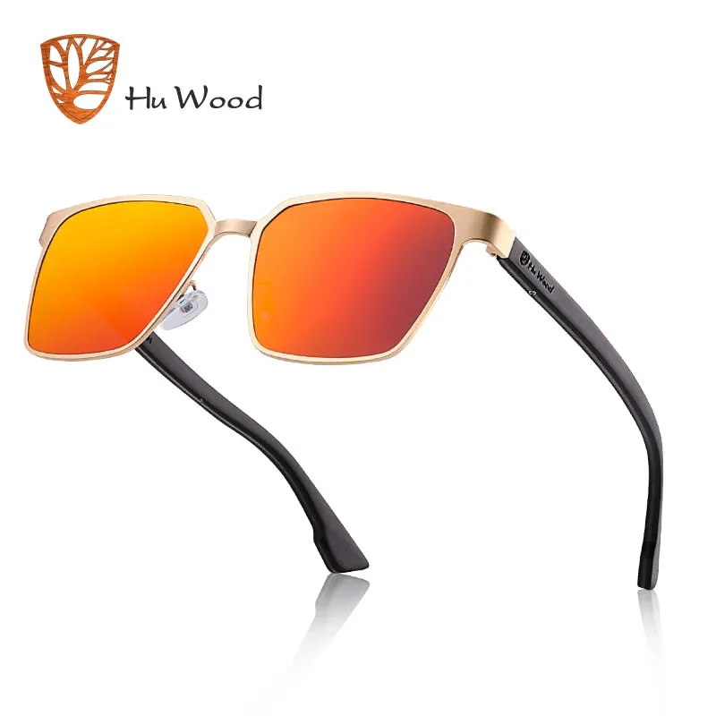 Hu Wood Brand Men's Square Metal Frame Sunglasses Spring Wood Temple With Polarized Lenses 4 Colors Gr8037