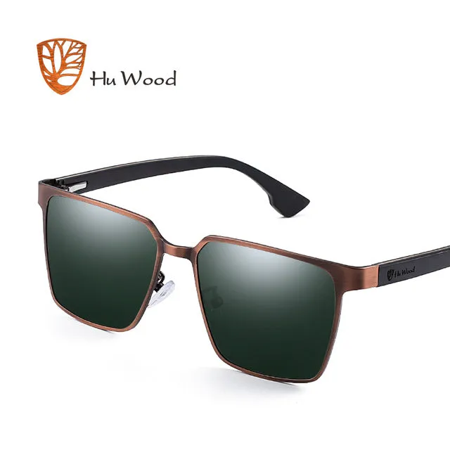 Hu Wood Brand Men's Square Metal Frame Sunglasses Spring Wood Temple With Polarized Lenses 4 Colors Gr8037