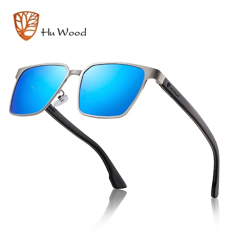 Hu Wood Brand Men's Square Metal Frame Sunglasses Spring Wood Temple With Polarized Lenses 4 Colors Gr8037