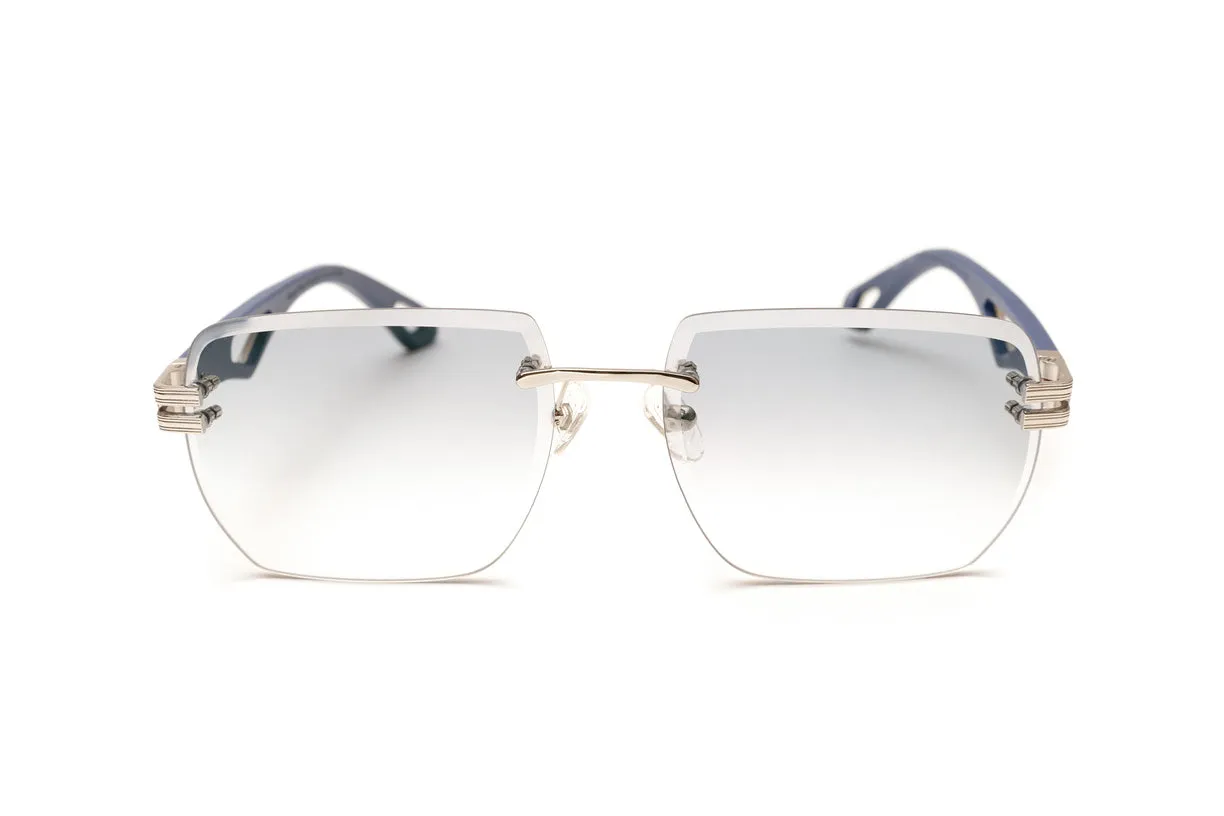 INFAMOUS Silver & Blue Wood Rimless Sunglasses, Gradient Grey Lenses