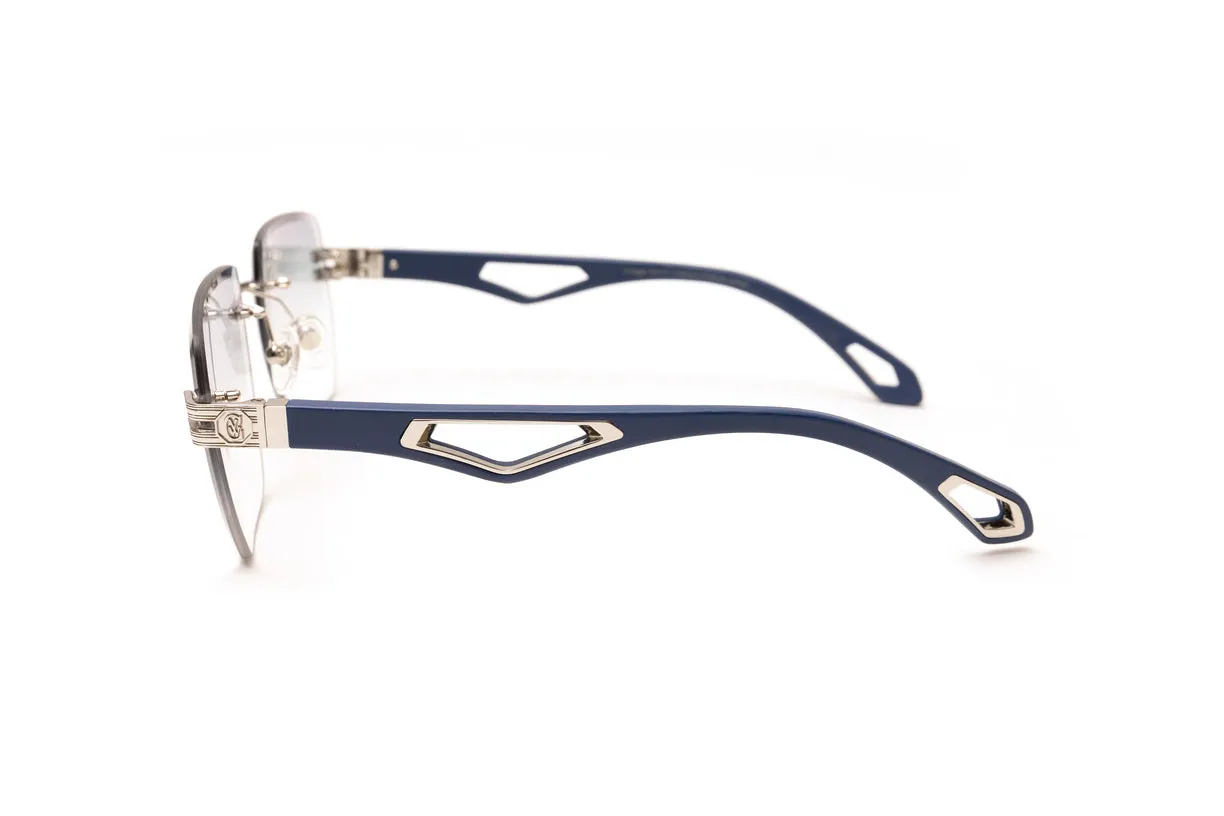 INFAMOUS Silver & Blue Wood Rimless Sunglasses, Gradient Grey Lenses