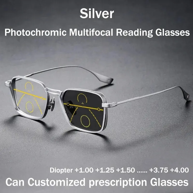 Luxury Titanium Photochromic Multifocal Anti-Blue Light Progressive Reading Glasses