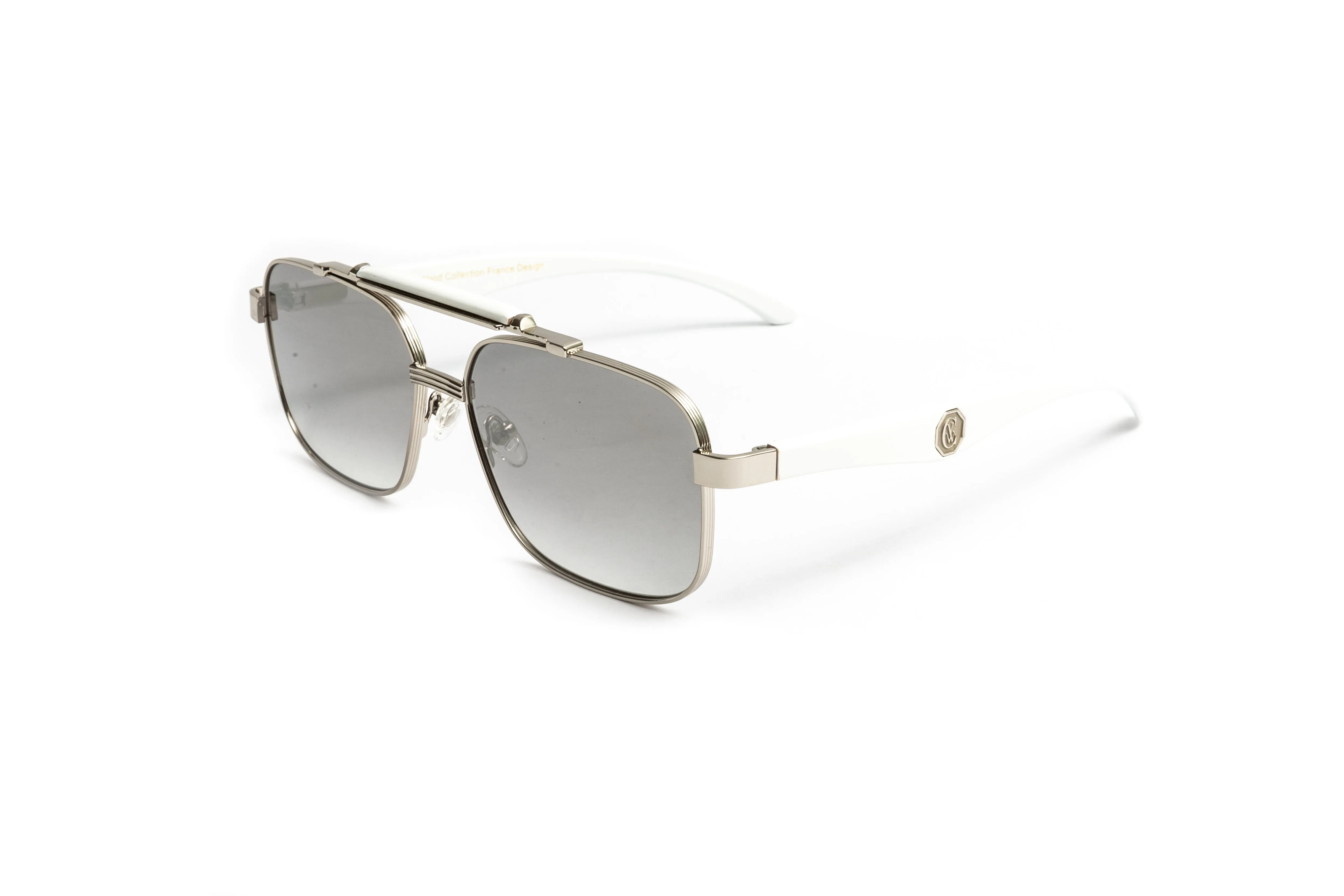 MACH 2 Silver & White Wood Square Aviator Sunglasses, Gradient Grey Silver Mirror Lenses