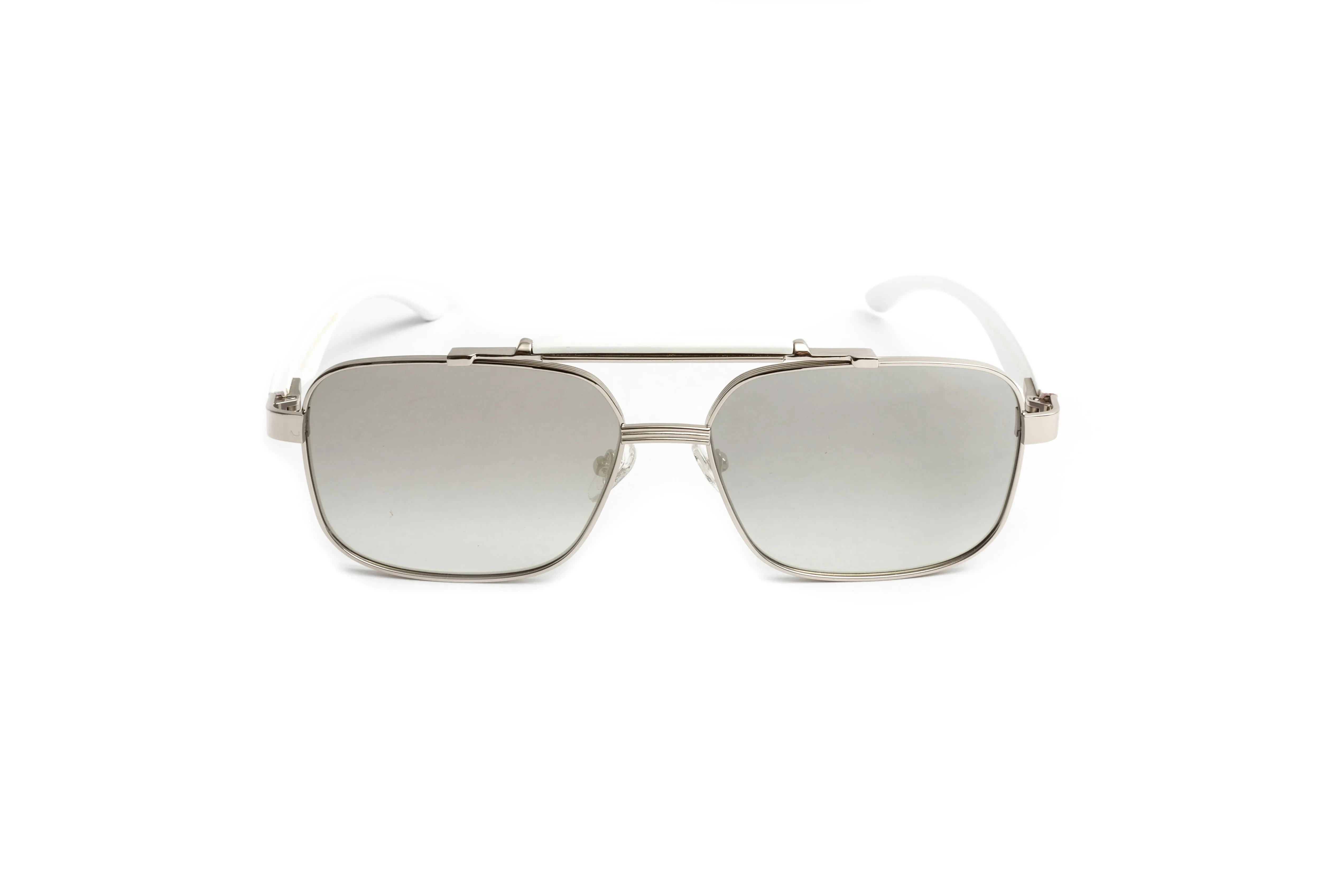 MACH 2 Silver & White Wood Square Aviator Sunglasses, Gradient Grey Silver Mirror Lenses