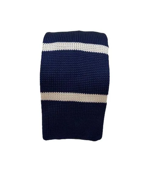 Navy Blue and White Striped Knitted Tie