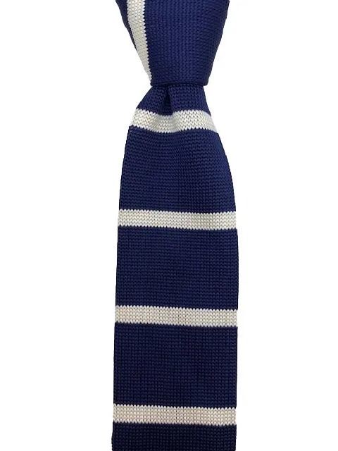 Navy Blue and White Striped Knitted Tie