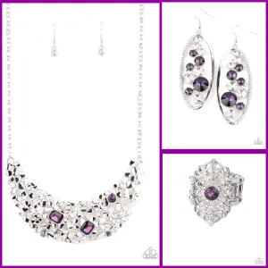 Paparazzi Fabulously Fragmented Necklace Purple, Rock Candy Bubbly Earrings Purple & Dining with Royalty Ring Purple