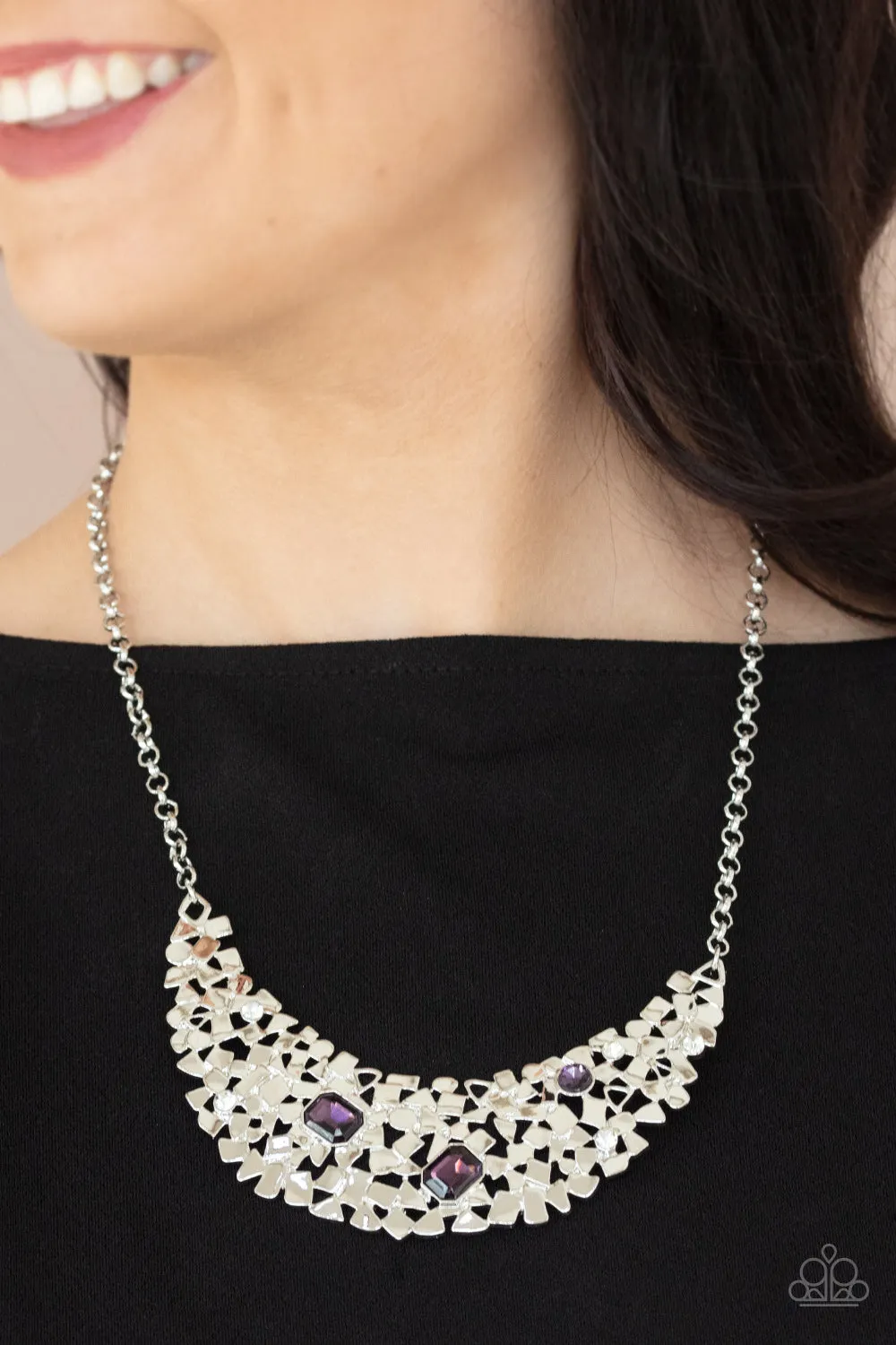 Paparazzi Fabulously Fragmented Necklace Purple, Rock Candy Bubbly Earrings Purple & Dining with Royalty Ring Purple