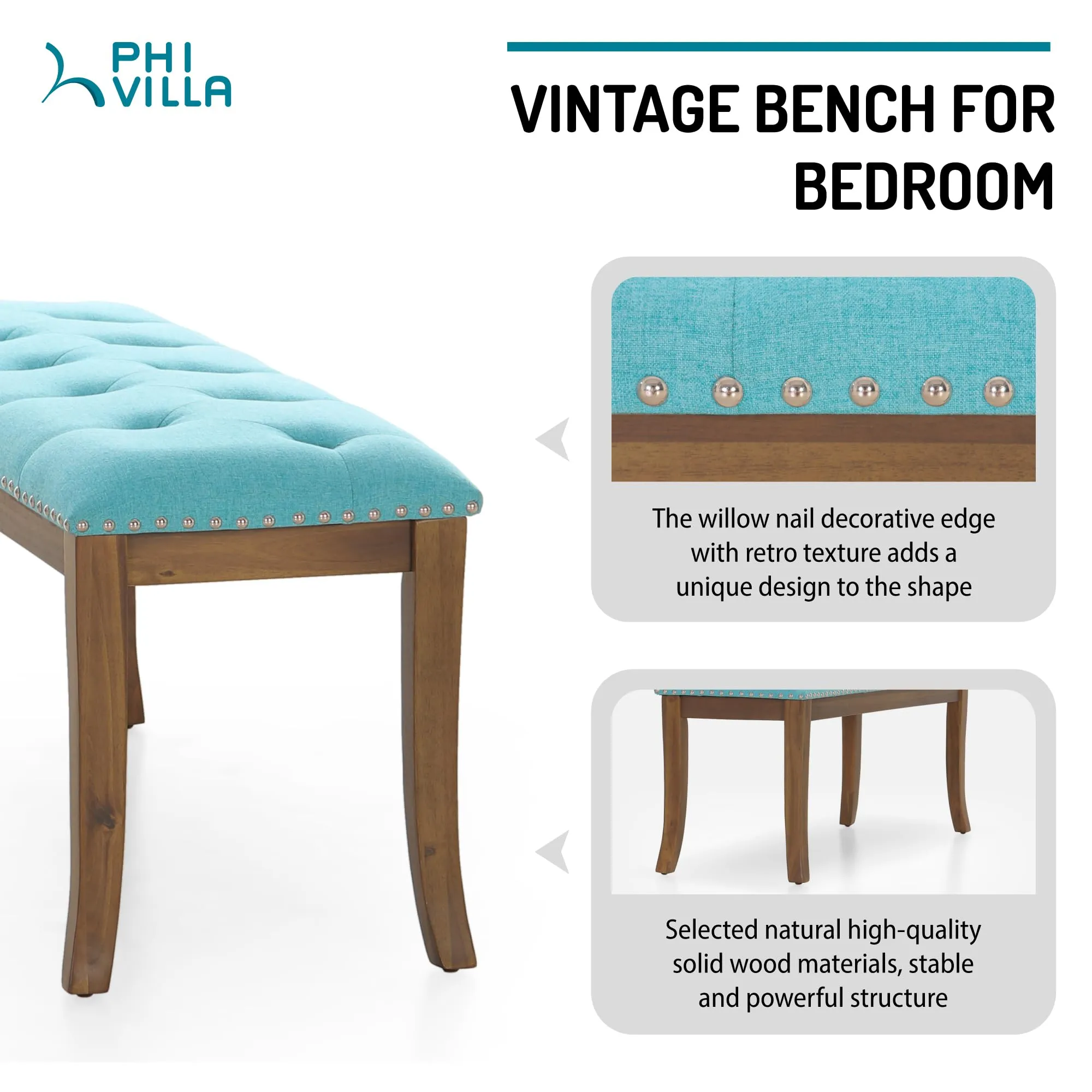 PHI VILLA Bench for Bedroom End of Bed - Dining Bench with Sturdy Wood Legs, Extra-Long Upholstered Tufted Bed Bench Seat, Farmhouse Entryway Bench