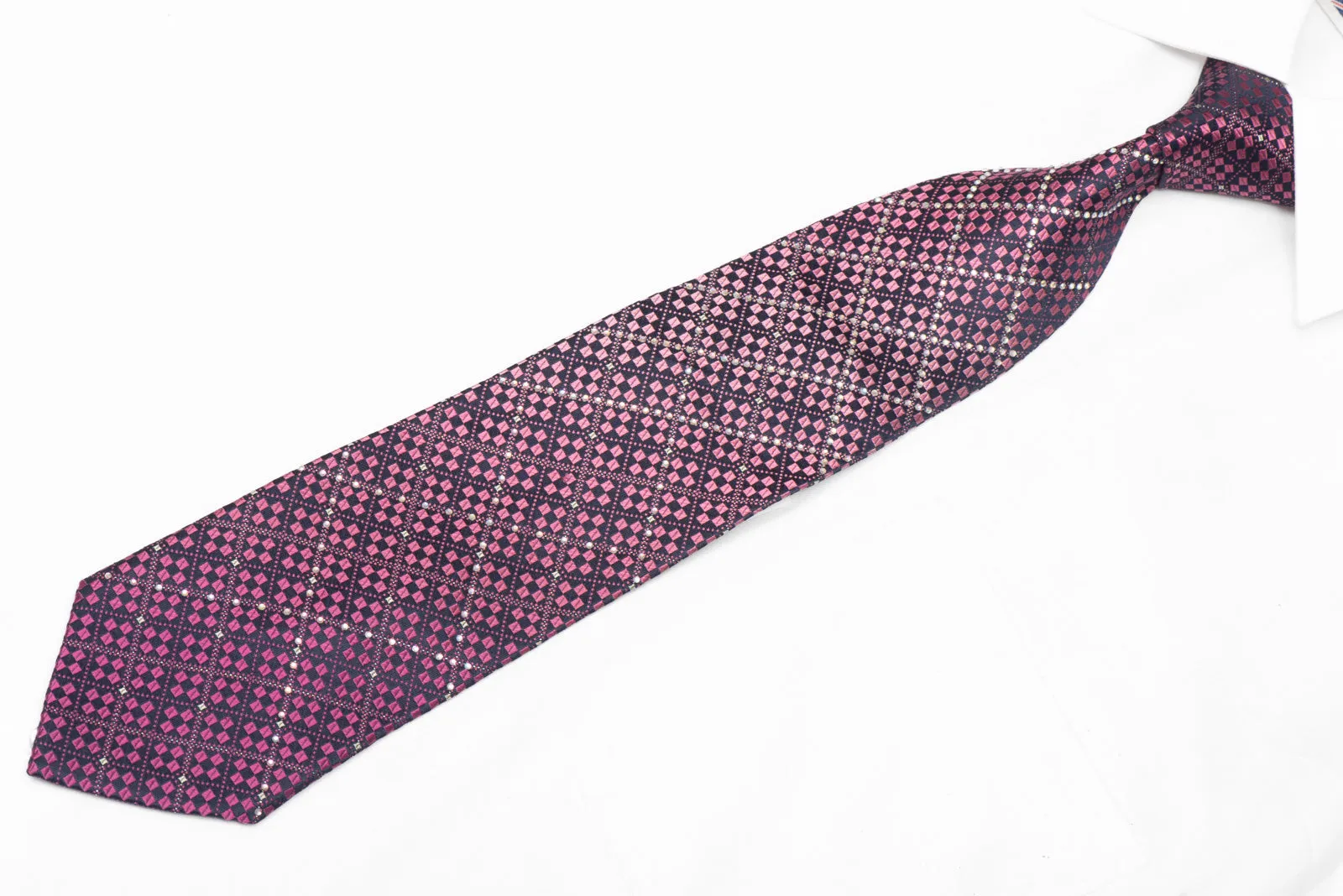 Purple Geometric Design On Navy Blue Rhinestone Silk Necktie With Silver Sparkles