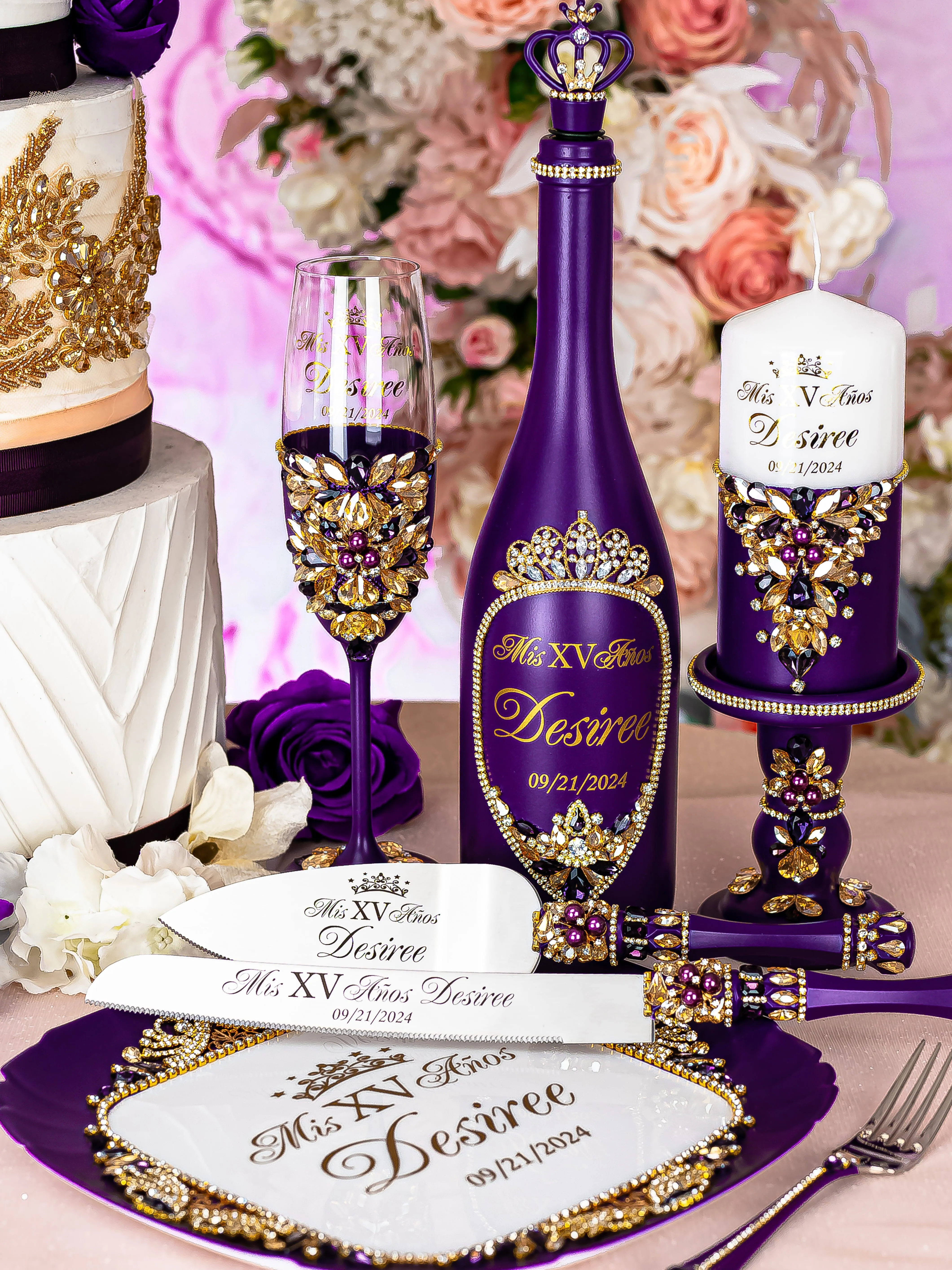 Purple Gold 2 quinceanera champagne glasses