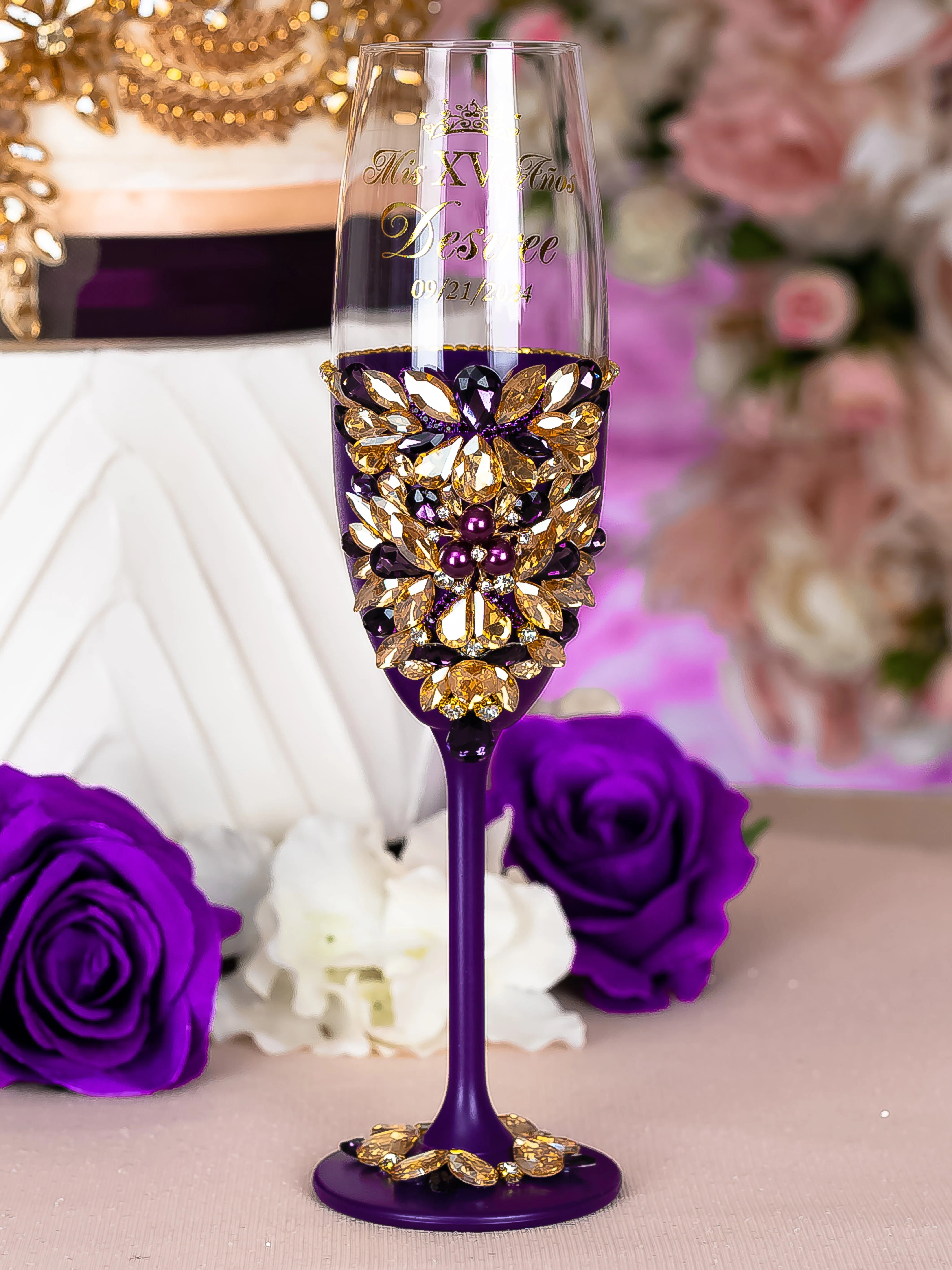 Purple Gold 2 quinceanera champagne glasses