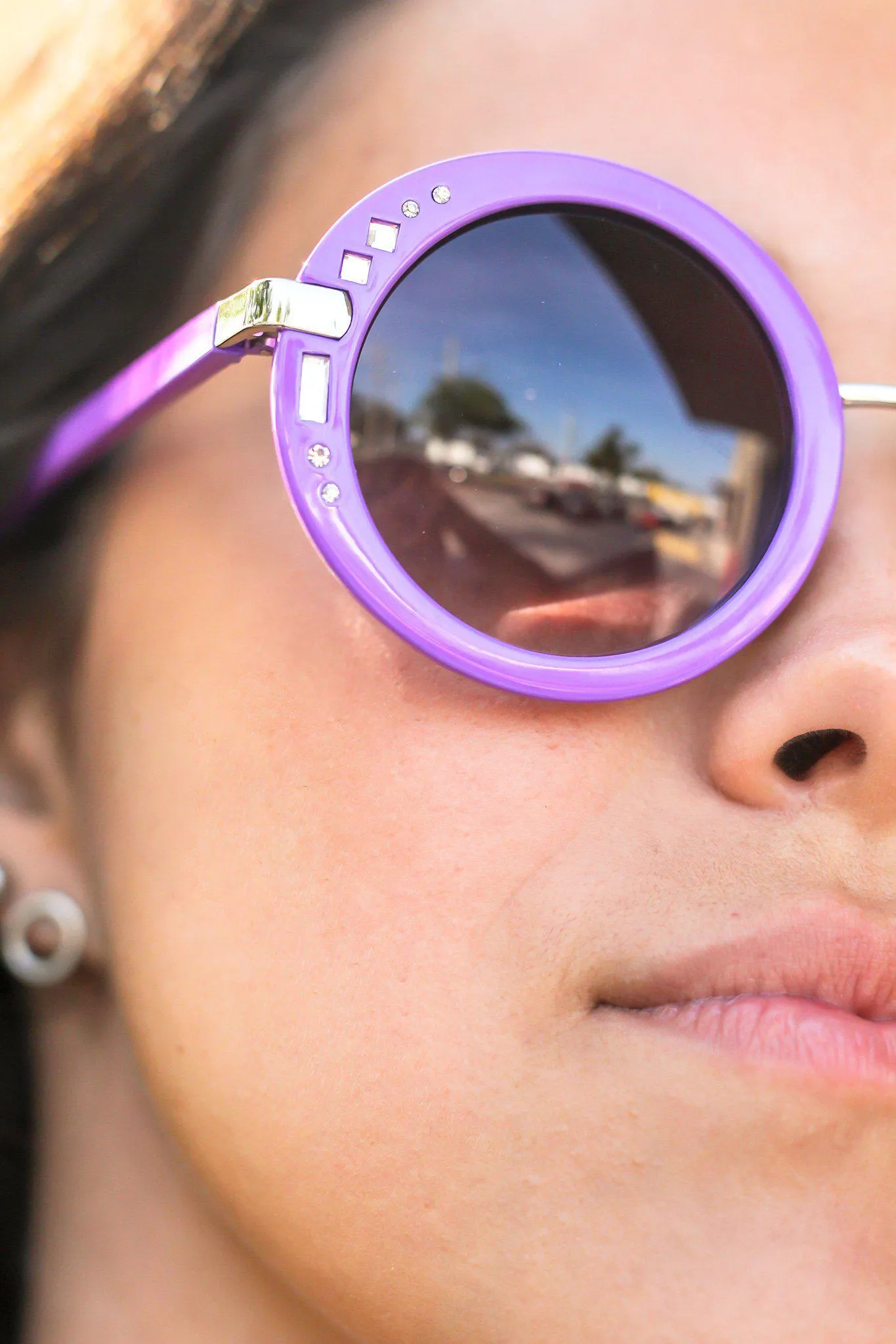 Purple Round Sunglasses with Silver Detail