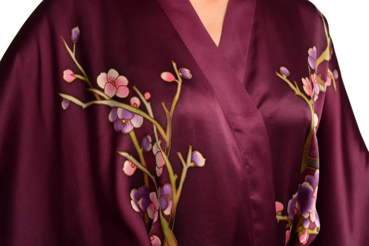 Purple With Sakura Bloom Luxurious Silk Dressing Gown (Robe)