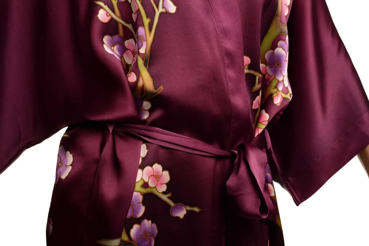 Purple With Sakura Bloom Luxurious Silk Dressing Gown (Robe)