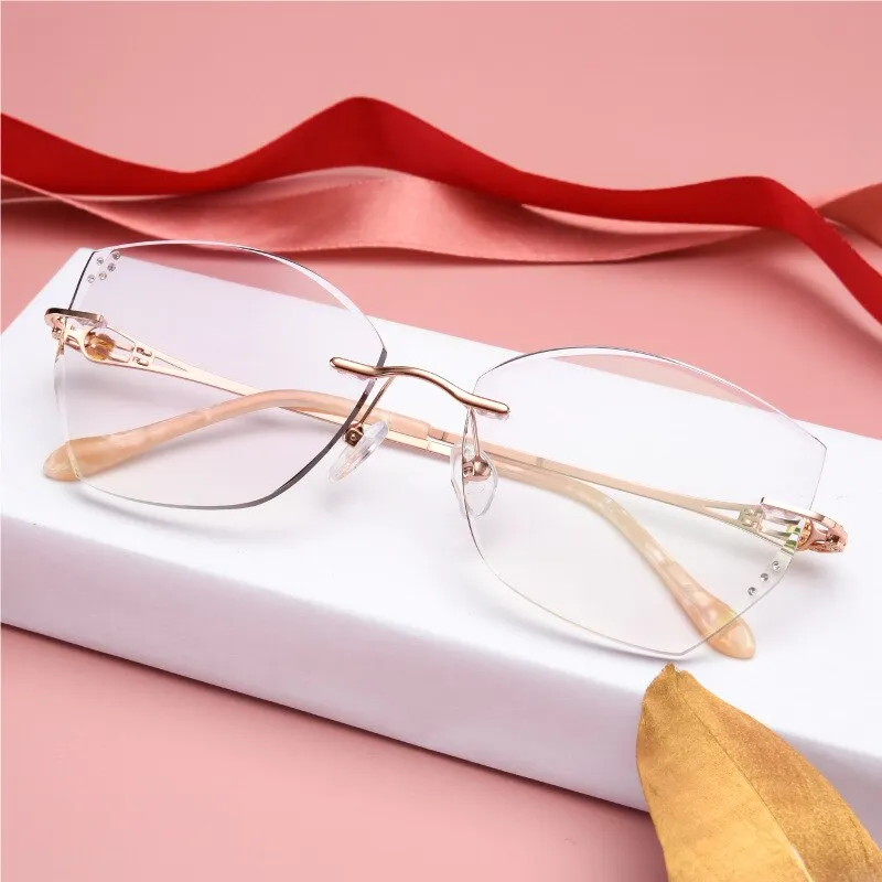 Reven Jate Women's Eyeglasses Alloy Rimless Diamond Cutting 98101