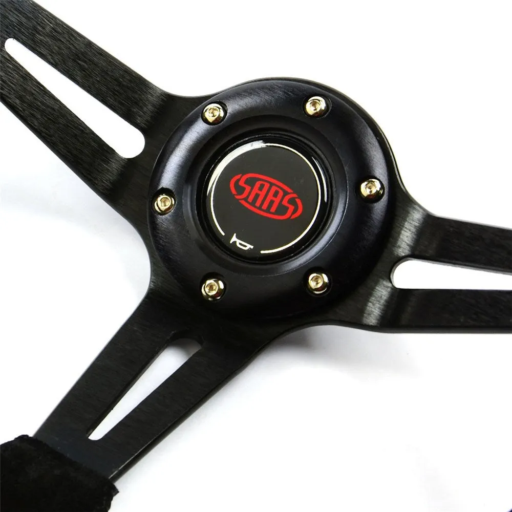 SAAS 14" ADR Compliant Deep Dish Black Suede Covered Steering Wheel with Three Black Slotted Alloy Spokes and Centre Stripe - SWE1