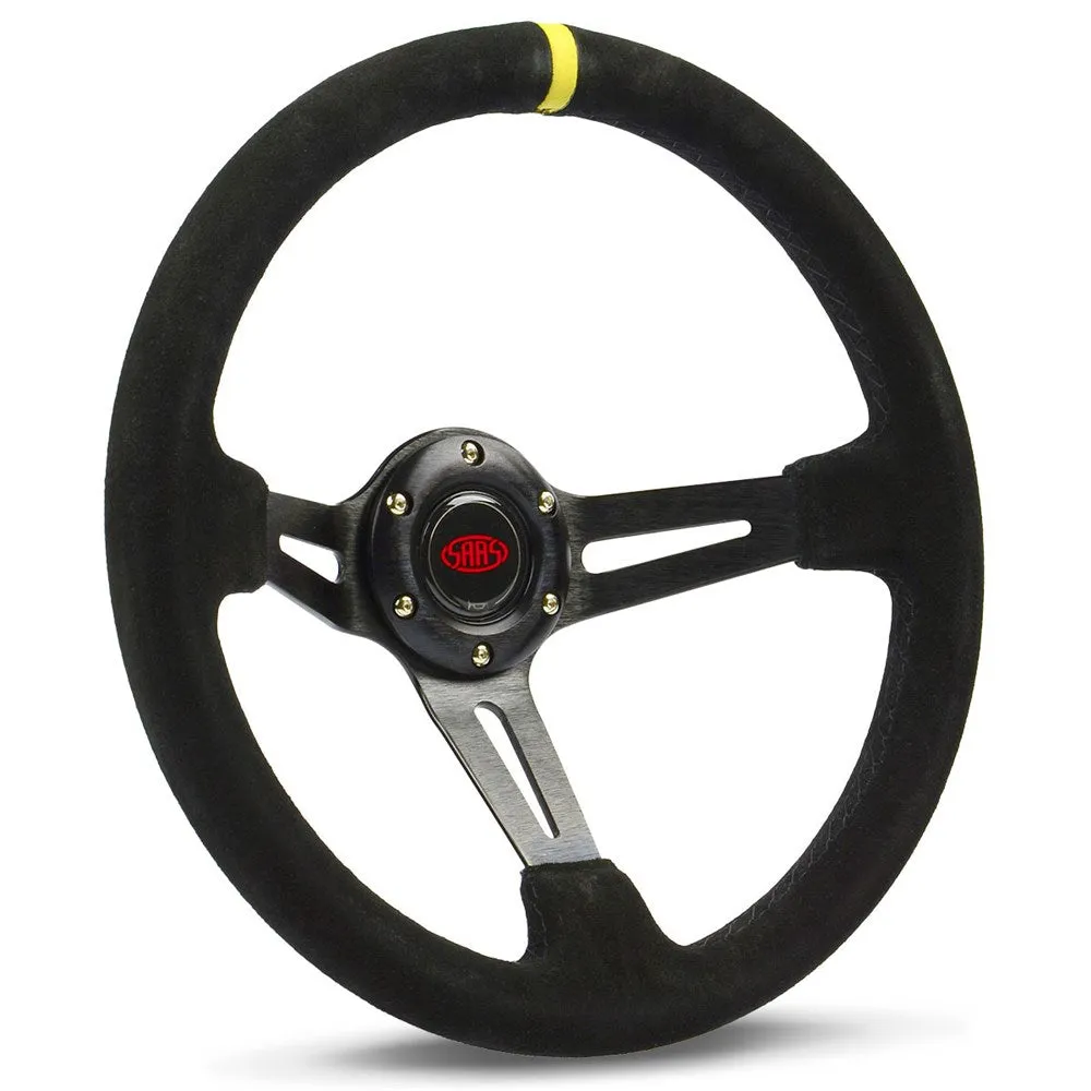 SAAS 14" ADR Compliant Deep Dish Black Suede Covered Steering Wheel with Three Black Slotted Alloy Spokes and Centre Stripe - SWE1