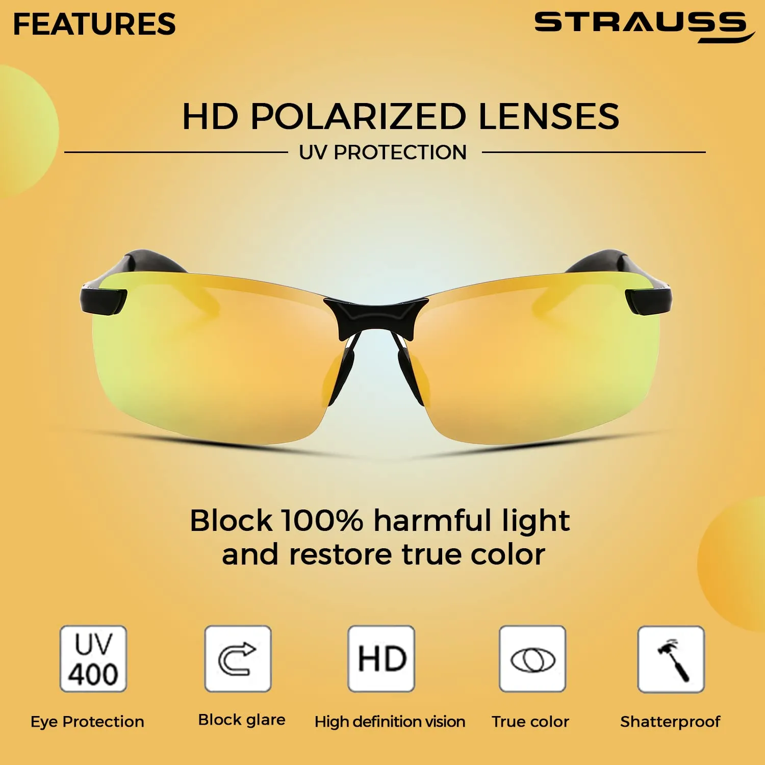 STRAUSS UV 400 Sunglasses, (Yellow)