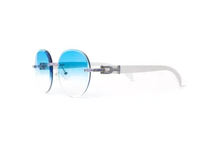 SWAROVSKI Blue Crystal, Silver & White Wood Sunglasses, Gradient Blue Round Lenses