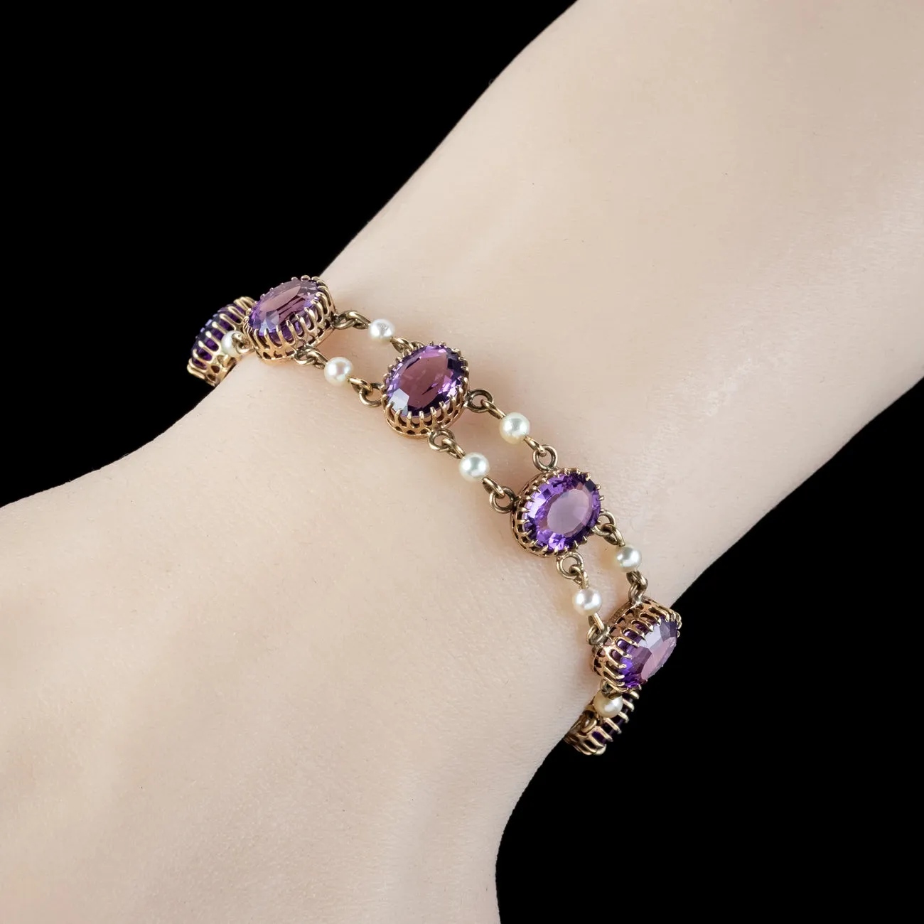 Vintage Amethyst Pearl Bracelet 9ct Gold Dated 1962