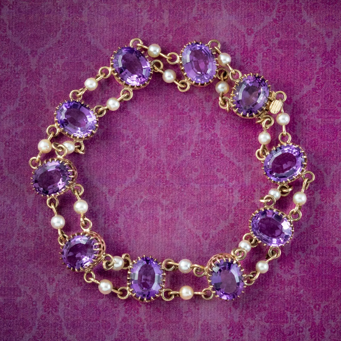 Vintage Amethyst Pearl Bracelet 9ct Gold Dated 1962