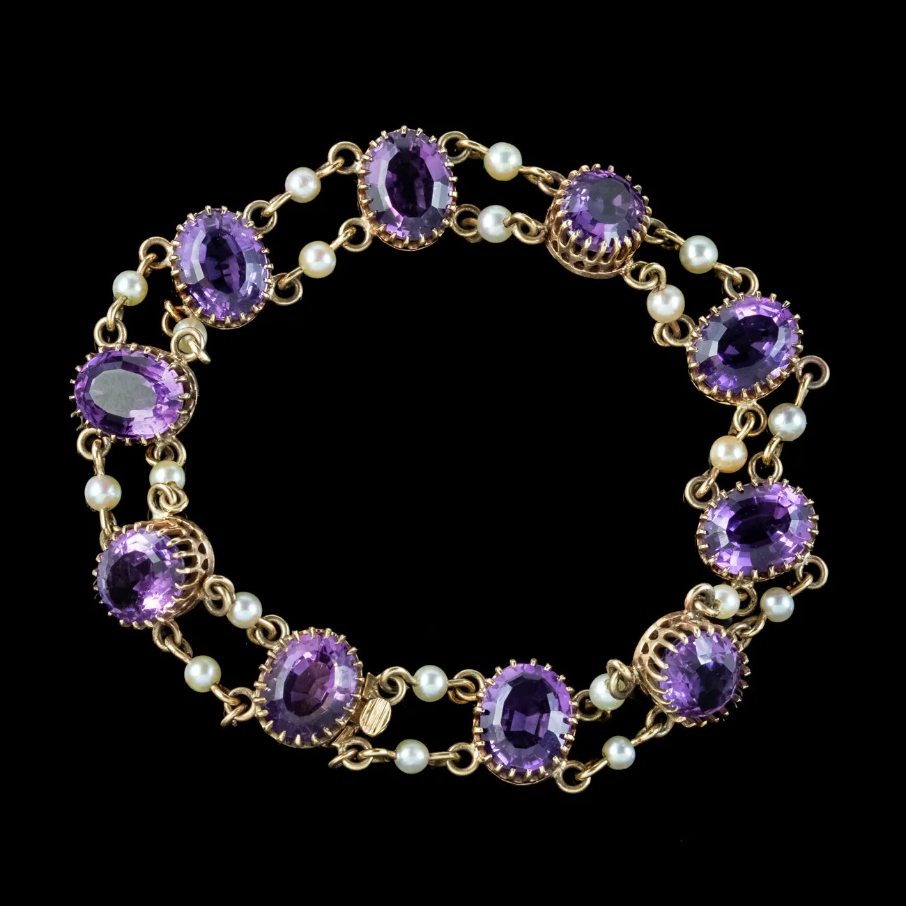 Vintage Amethyst Pearl Bracelet 9ct Gold Dated 1962