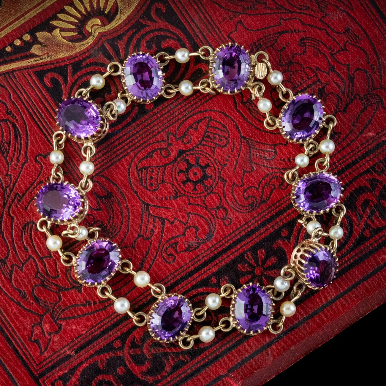 Vintage Amethyst Pearl Bracelet 9ct Gold Dated 1962