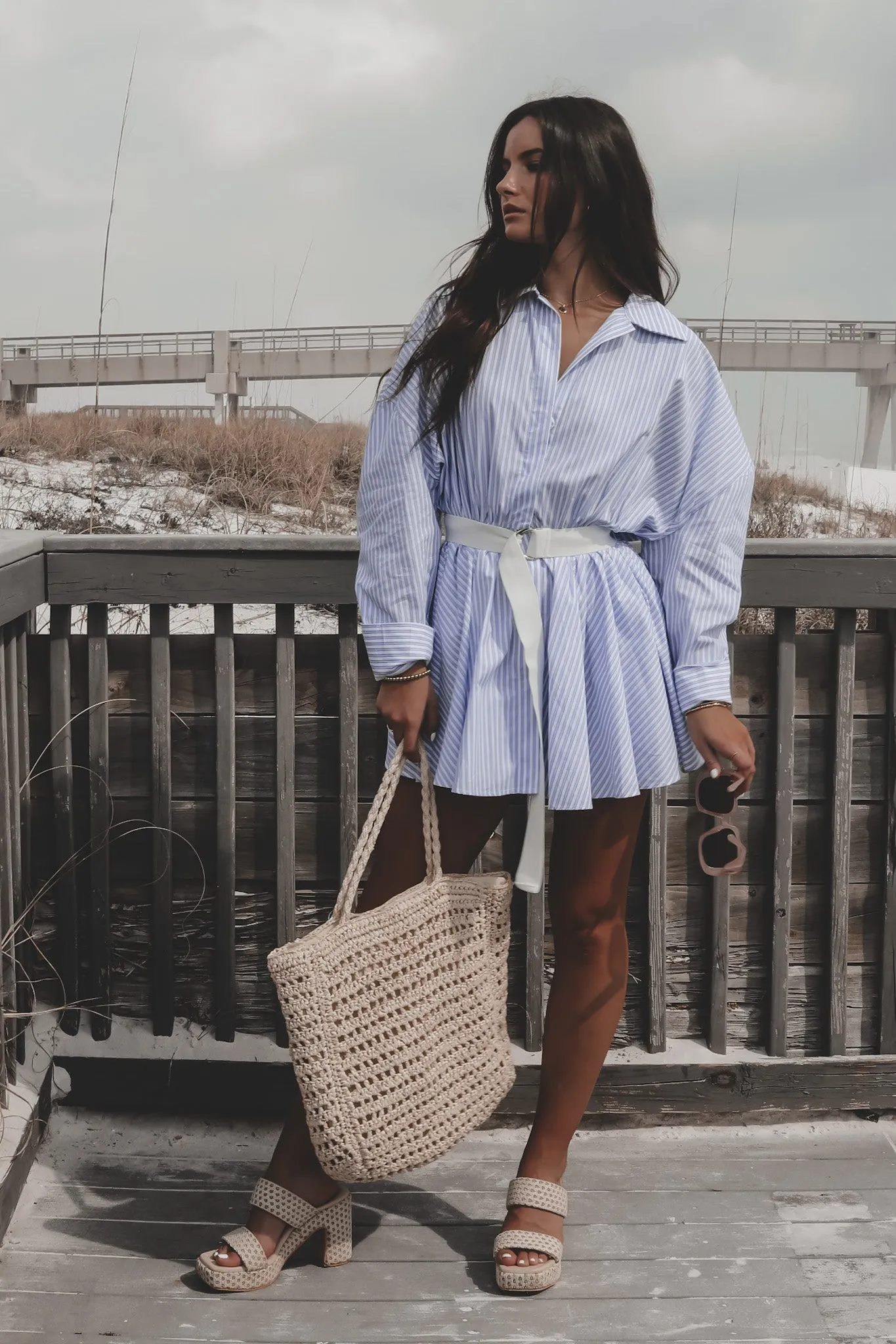 Weekend By The Waves White Blue Button Up Dress