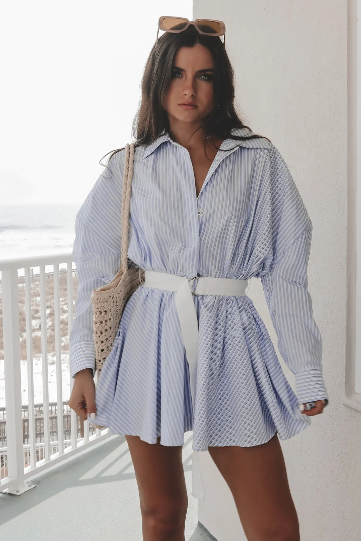 Weekend By The Waves White Blue Button Up Dress