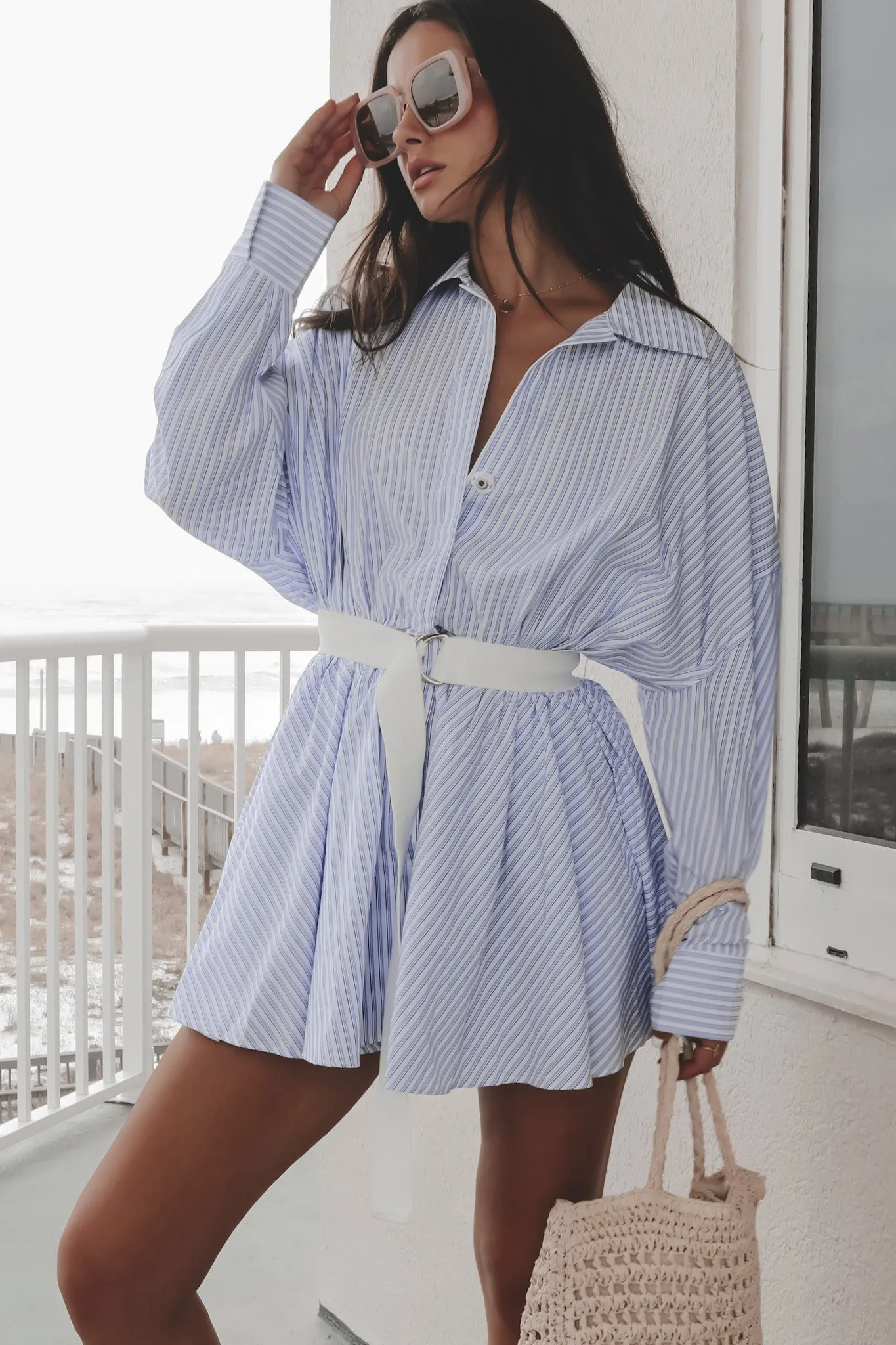 Weekend By The Waves White Blue Button Up Dress