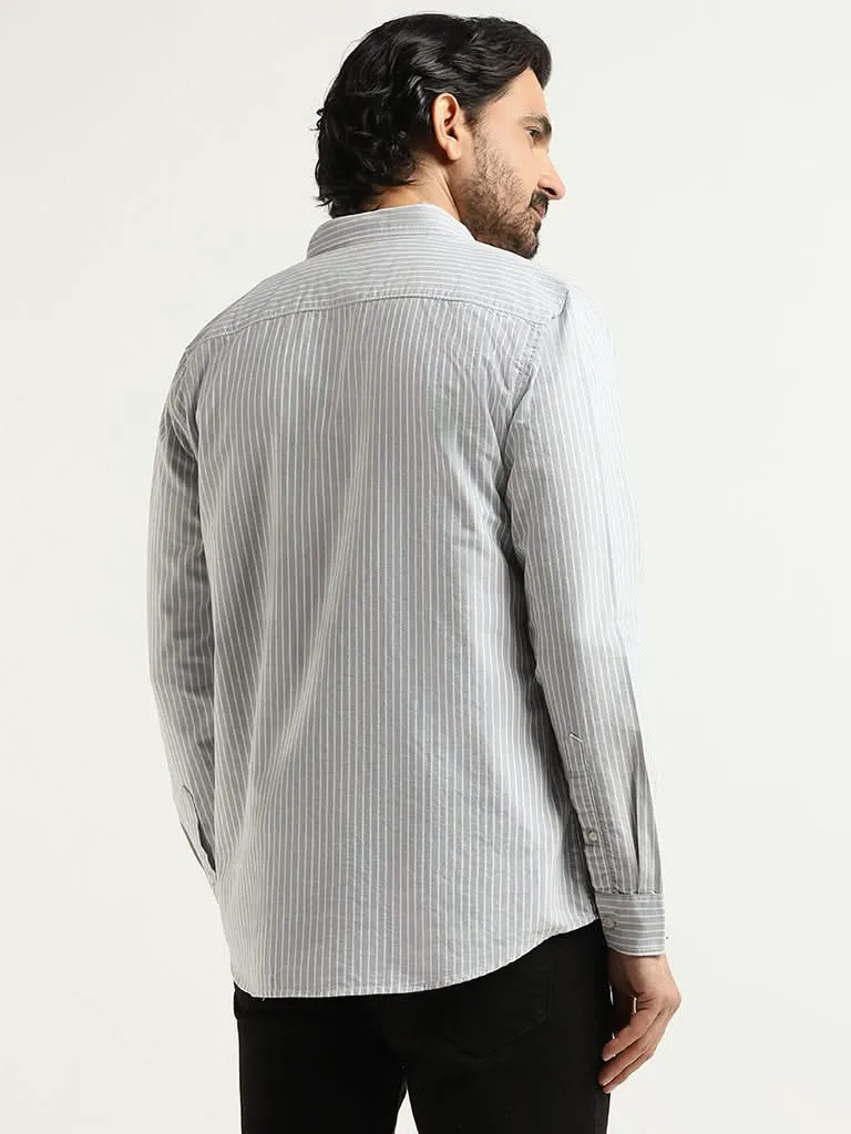 WES Casuals Grey Striped Cotton Slim Fit Shirt