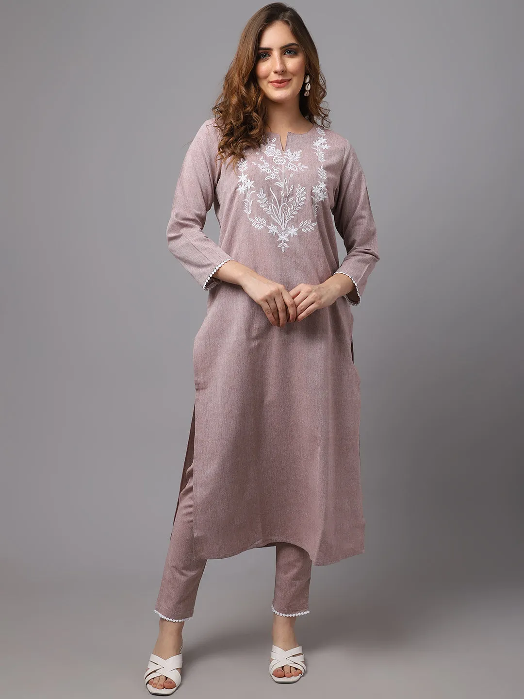 Women Pastle Brown Embroidered Kurta