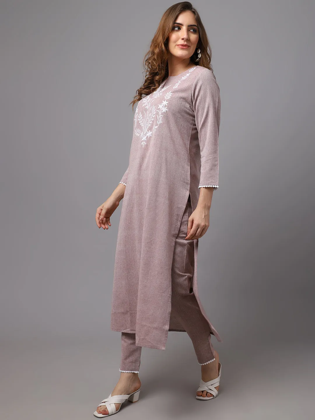 Women Pastle Brown Embroidered Kurta