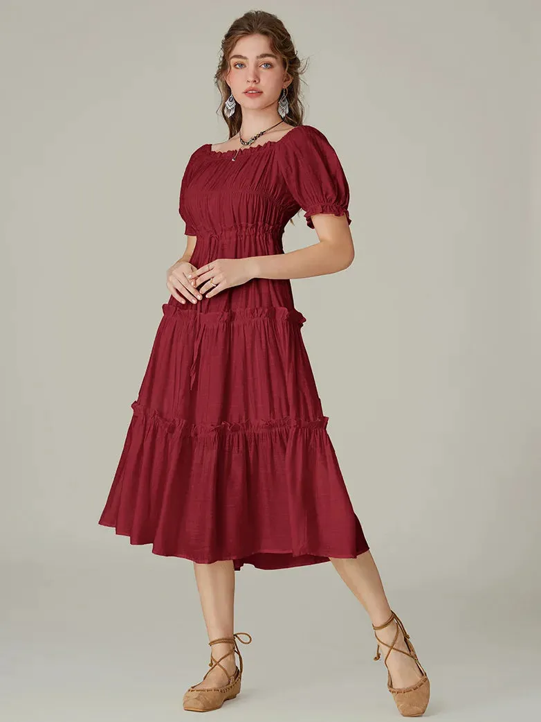 Women Square Neck Pleated Tiered Midi Dress