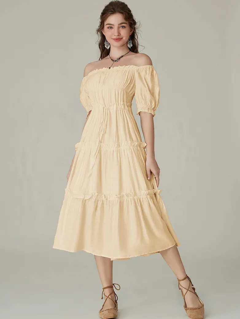 Women Square Neck Pleated Tiered Midi Dress