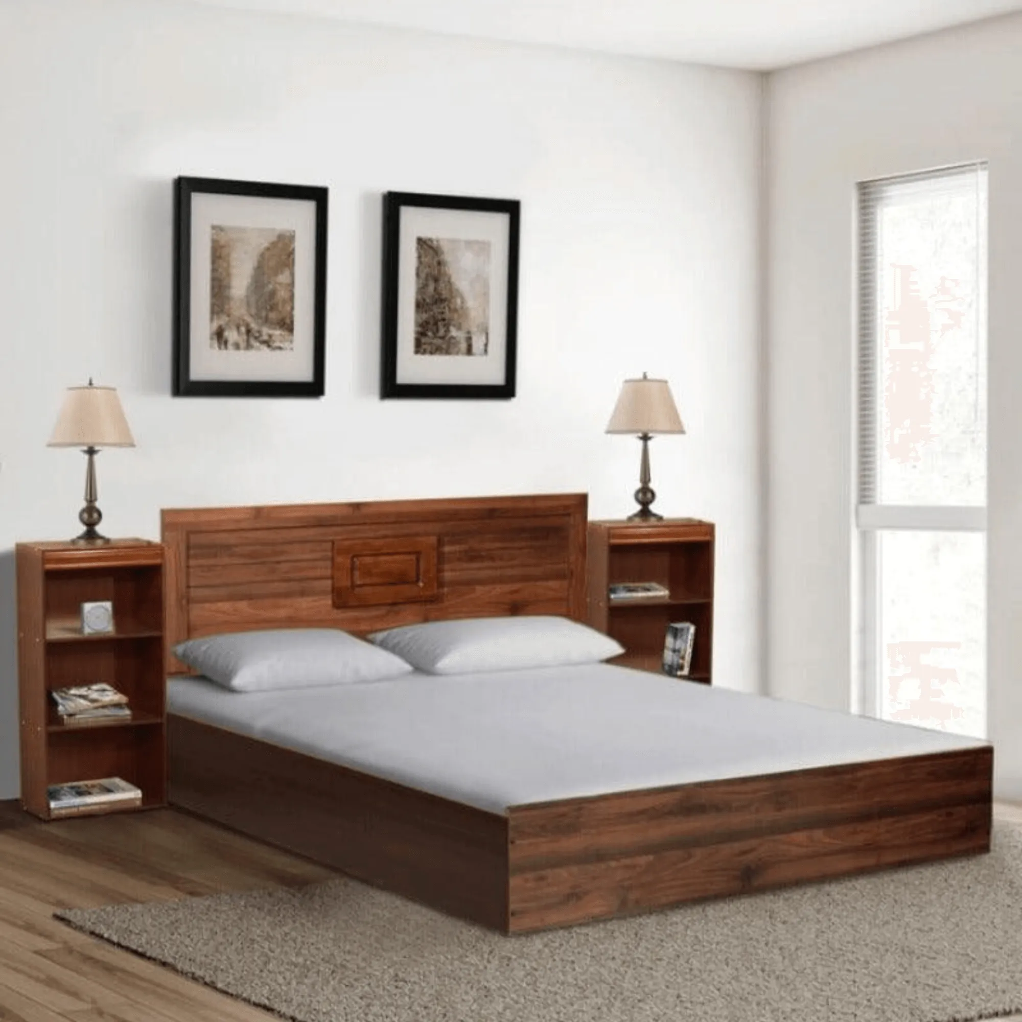 Wooden Twist Camp Exemplary Storage Queen Size Bed Acacia Wood with 2 Bedside Tables in Walnut Finish Sturdy and Elegant Bedroom Set