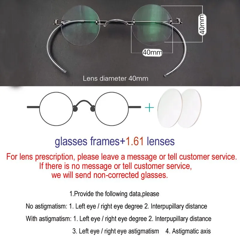 Yujo Unisex Rimless Small Round Stainless Steel Screwless Eyeglasses Y085